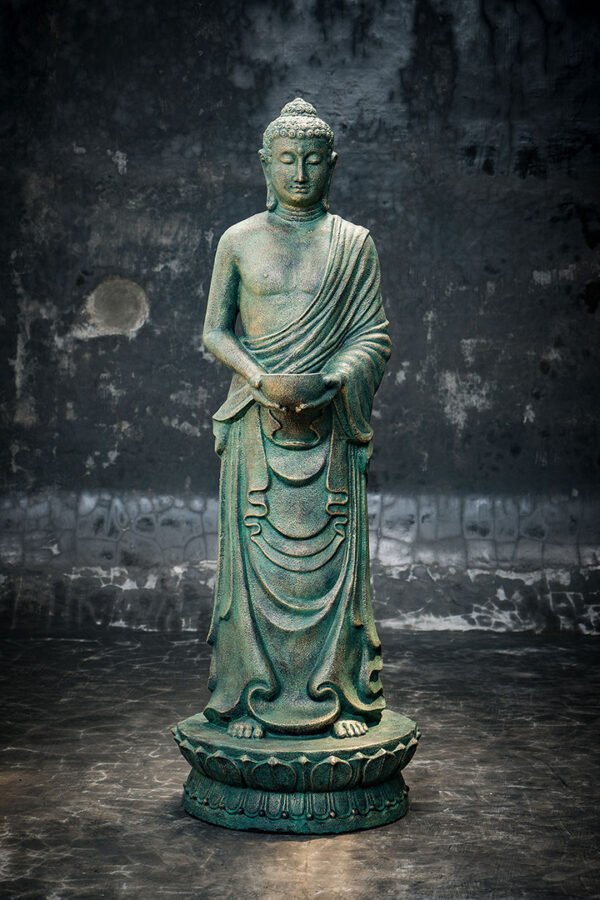 standing closed eye buddha holding cup